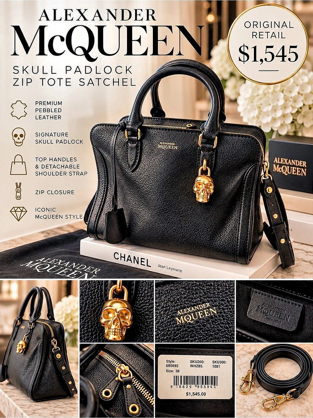 Alexander McQueen Skull Padlock Zip Tote Satchel Black & Gold